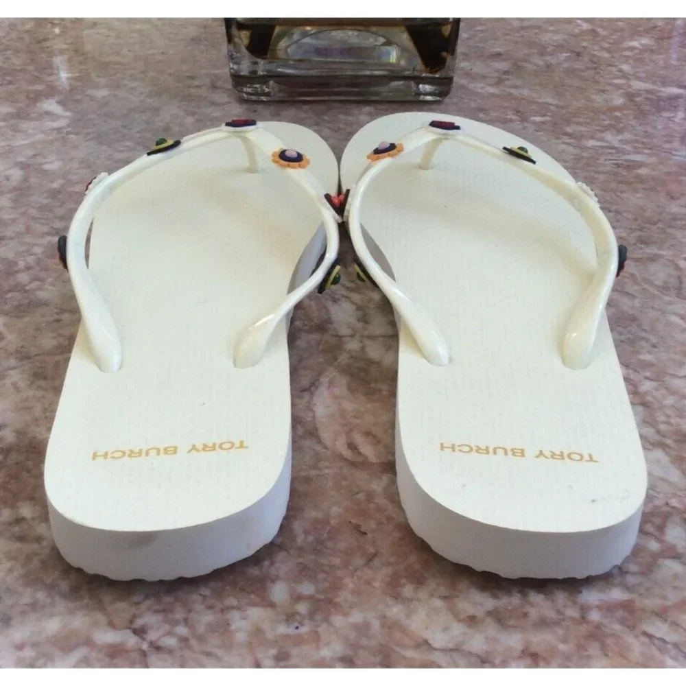 New Tory Burch Ivory White Jelly Multicolor Studded Thong Sandals Size 10M, $178